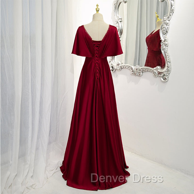 Dark Red Satin A-line Floor Length Evening Dresses, Wine Red Wedding Party Dresses