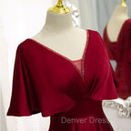 Dark Red Satin A Line Floor Length Prom Dress, Wine Red Wedding Prom Dresses