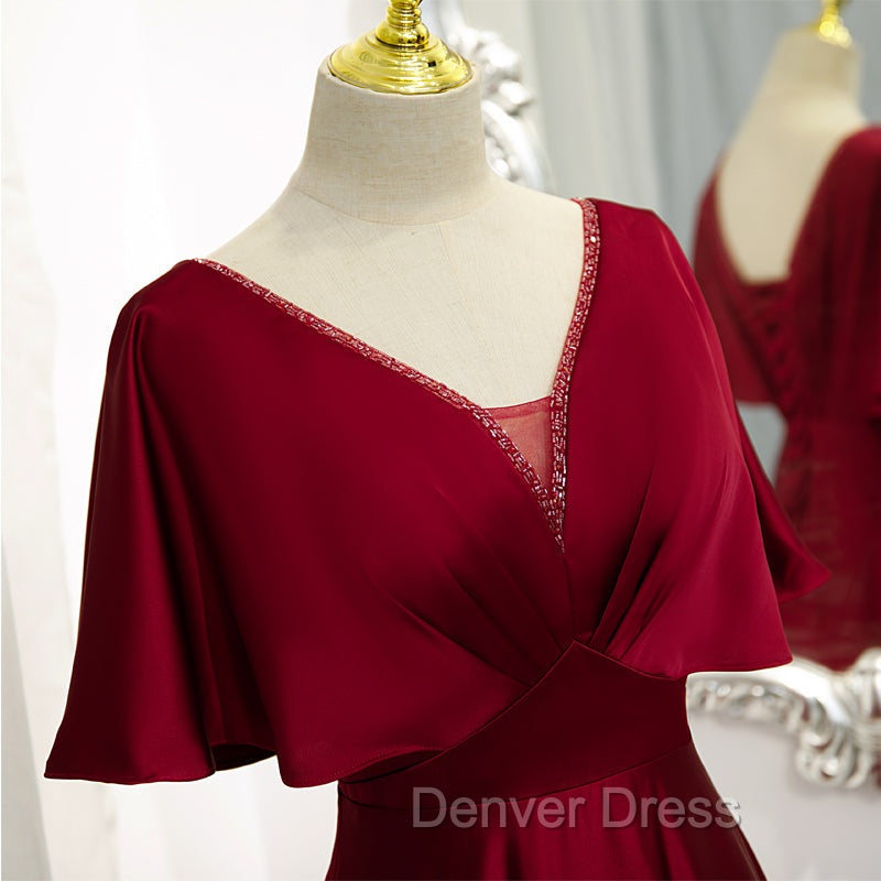 Dark Red Satin A Line Floor Length Prom Dress, Wine Red Wedding Prom Dresses
