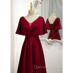 Dark Red Satin A Line Floor Length Prom Dress, Wine Red Wedding Prom Dresses