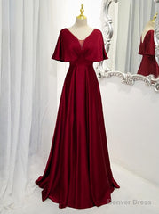 Dark Red Satin A-line Floor Length Evening Dress, Wine Red Wedding Party Dresses