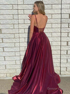 Dark Red Satin A Line Tight Long Prom Dress With Slit