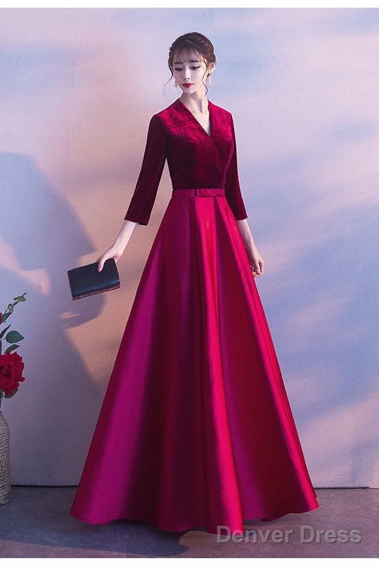 Dark Red Satin And Velvet Simple Long Wedding Prom Dress, Dark Red Prom Dress Secondary image