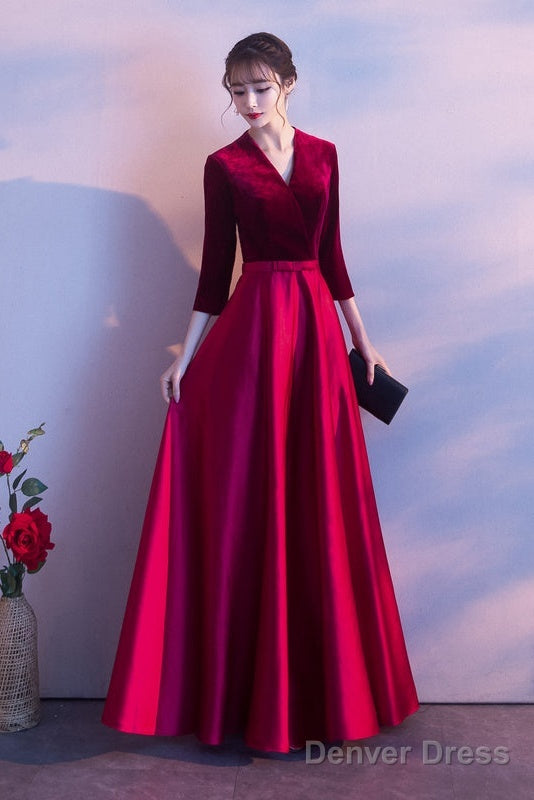 Dark Red Satin And Velvet Simple Long Wedding Prom Dress, Dark Red Prom Dress