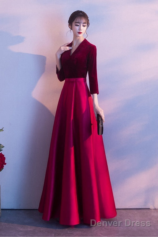 Dark Red Satin And Velvet Simple Long Wedding Prom Dress, Dark Red Prom Dress