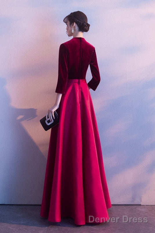 Dark Red Satin And Velvet Simple Long Wedding Prom Dress, Dark Red Prom Dress