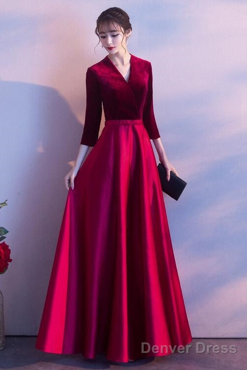 Dark Red Satin And Velvet Simple Long Wedding Prom Dress, Dark Red Prom Dress Main image