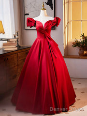 Dark Red Satin Long Prom Dress, Off The Shoulder A-Line Formal Evening Dress