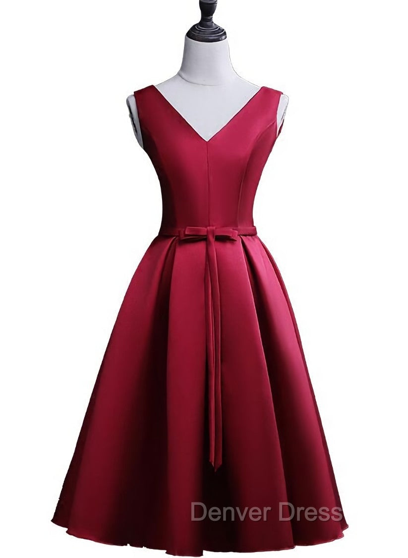Dark Red Satin Short Homecoming Dress, Lovely Bridesmaid Dresses Secondary image