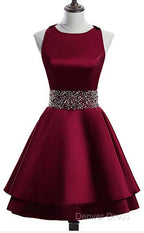 Dark Red Satin Short Two Layered Homecoming Dress, O Neckline Prom Dress, Short Prom Dresses