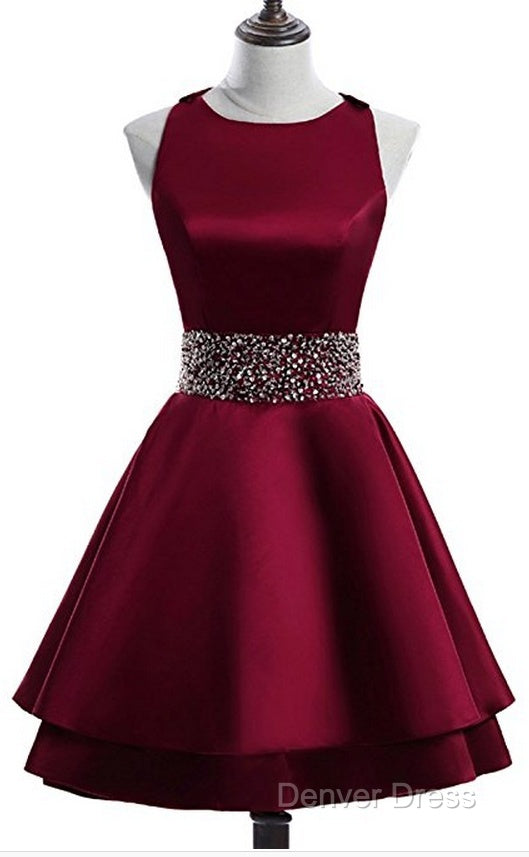 Dark Red Satin Short Two Layered Homecoming Dress, O Neckline Prom Dress, Short Prom Dresses
