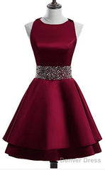 Dark Red Satin Short Two Layered Homecoming Dress, O-Neckline Party Dress, Short Formal Dress