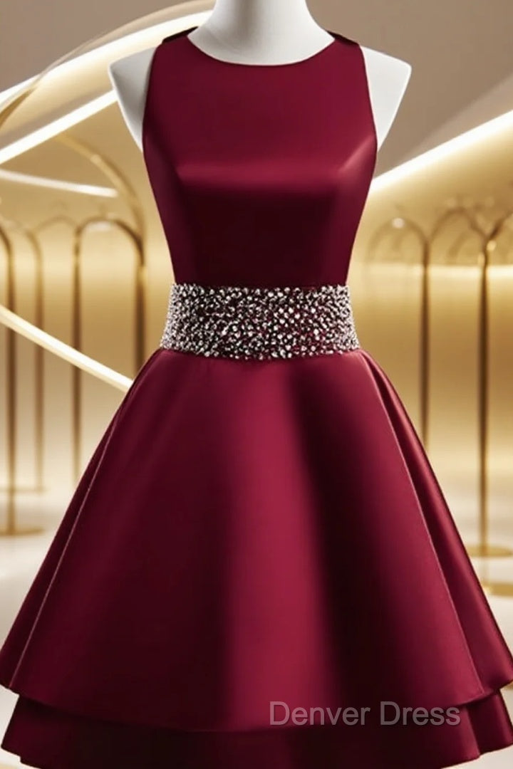 Dark Red Satin Short Two Layered Homecoming Dress, O Neckline Prom Dress, Short Prom Dresses