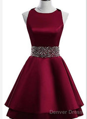 Dark Red Satin Short Two Layered Homecoming Dress, O-Neckline Party Dress, Short Formal Dress