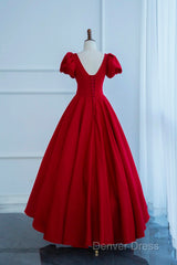 Dark Red Short Sleeve Long Prom Dresses, Beautiful A-Line Evening Party Dresses