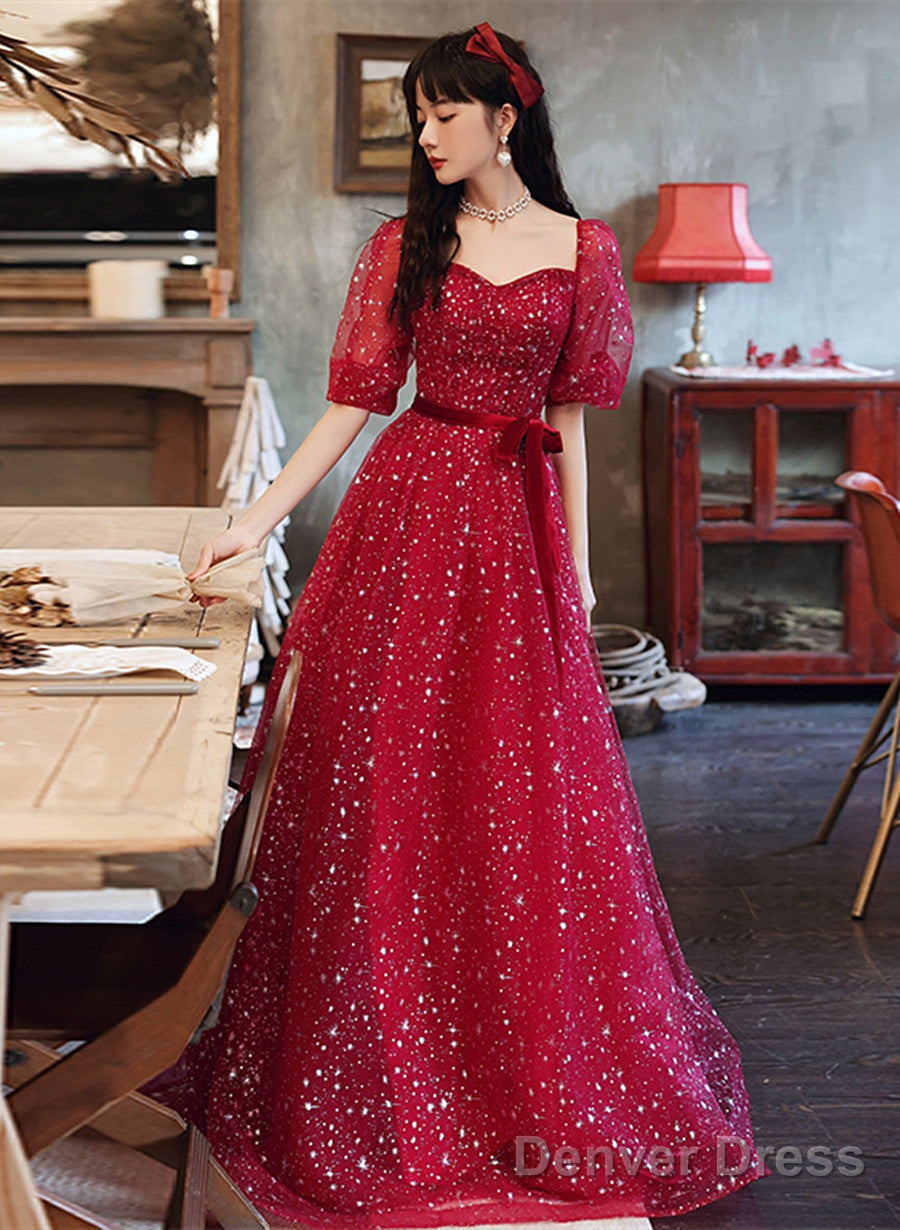 Dark Red Short Sleeves Sweetheart Tulle Prom Dress, A-Line Dark Red Formal Dress Main image
