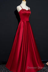 Dark Red Straps Beaded Sweetheart Satin Long Party Dress, Wine Red Prom Dresses