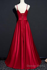 Dark Red Straps Beaded Sweetheart Satin Long Party Dress, Wine Red Prom Dresses