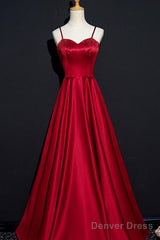 Dark Red Straps Beaded Sweetheart Satin Long Party Dress, Wine Red Prom Dresses