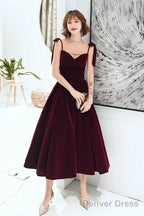 Dark Red Straps Velvet Elegant Tea Length Bridesmaid Dress, Burgundy Prom Dress