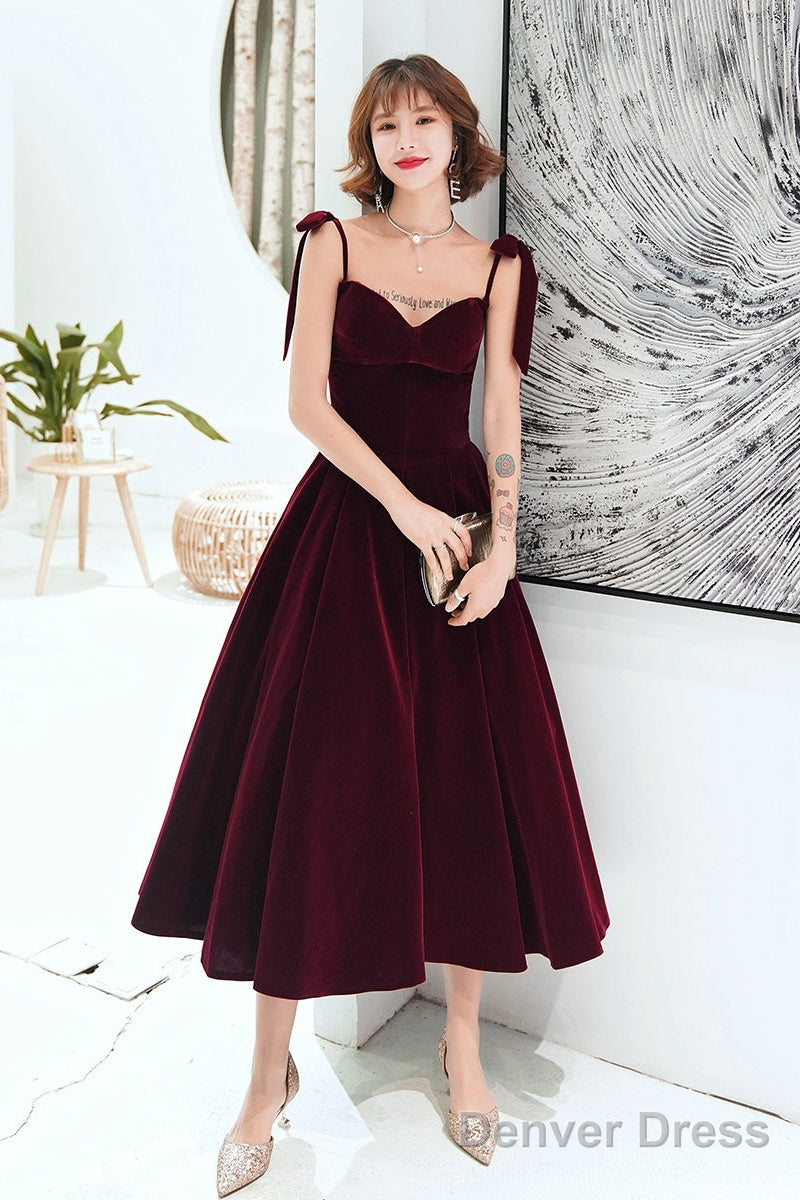 Dark Red Straps Velvet Elegant Tea Length Bridesmaid Dress, Burgundy Prom Dress