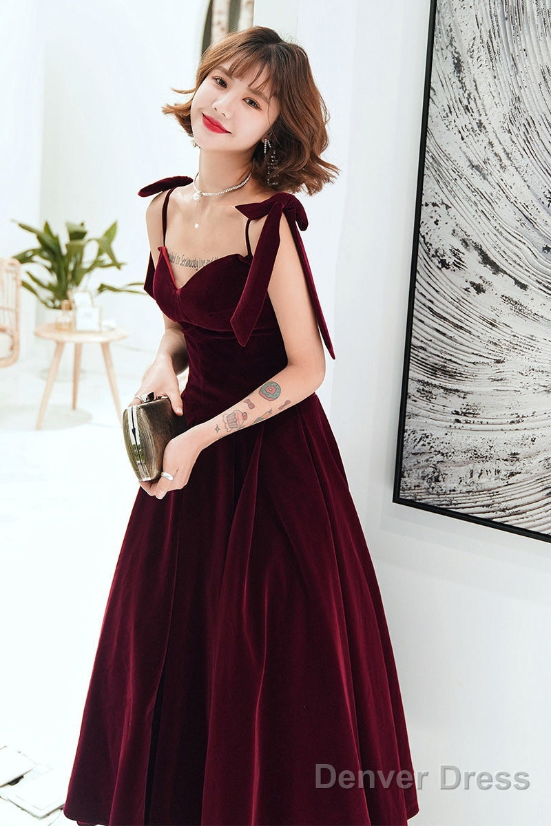 Dark Red Straps Velvet Elegant Tea Length Bridesmaid Dress, Burgundy Prom Dress Party Dress