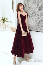 Dark Red Straps Velvet Elegant Tea Length Bridesmaid Dress, Burgundy Prom Dress Party Dress