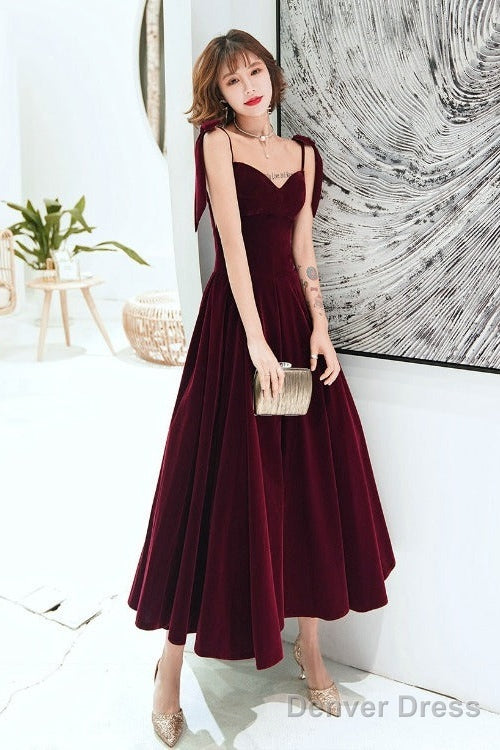 Dark Red Straps Velvet Elegant Tea Length Bridesmaid Dress, Burgundy Prom Dress Party Dress