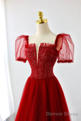 Dark Red Tulle Floor Length Formal Dress, Beautiful A-Line Short Sleeve Evening Dress With Beaded