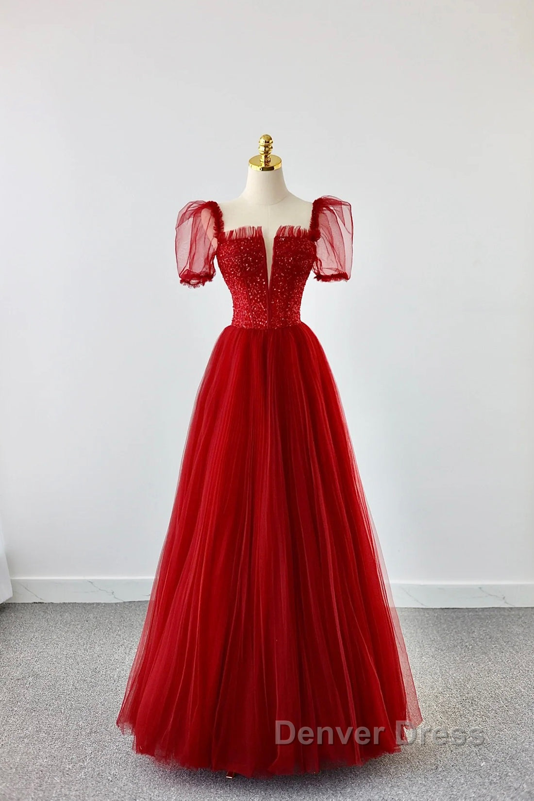 Dark Red Tulle Floor Length Prom Dress, Beautiful A-Line Short Sleeve Prom Dresses With Beaded