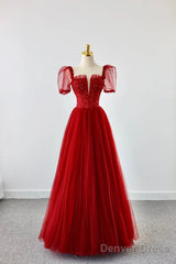 Dark Red Tulle Floor Length Formal Dress, Beautiful A-Line Short Sleeve Evening Dress With Beaded