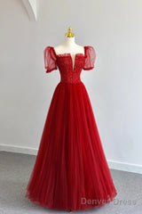 Dark Red Tulle Floor Length Formal Dress, Beautiful A-Line Short Sleeve Evening Dress With Beaded
