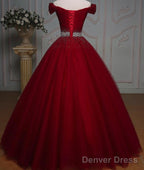 Dark Red Tulle Gorgeous Ball Gowns, Burgundy Off Shoulder With Beaded Waist, Pretty Prom Dresses