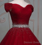 Dark Red Tulle Gorgeous Ball Gowns, Burgundy Off Shoulder With Beaded Waist, Pretty Prom Dresses