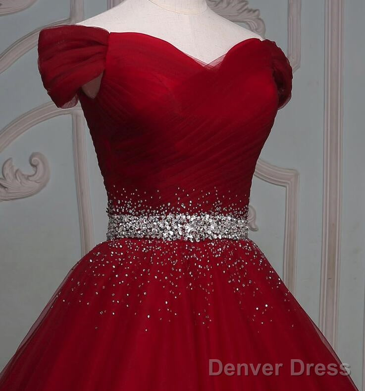 Dark Red Tulle Gorgeous Ball Gowns, Burgundy Off Shoulder With Beaded Waist, Pretty Prom Dresses