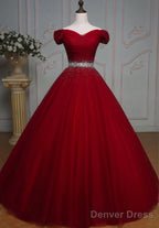 Dark Red Tulle Gorgeous Ball Gowns, Burgundy Off Shoulder With Beaded Waist, Pretty Prom Dresses