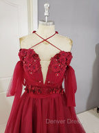 Dark Red Tulle Lace Long Prom Dress, Red Tulle Lace Prom Dresses