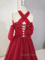 Dark Red Tulle Lace Long Prom Dress, Red Tulle Lace Prom Dresses