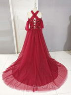 Dark Red Tulle Lace Long Prom Dress, Red Tulle Lace Prom Dresses