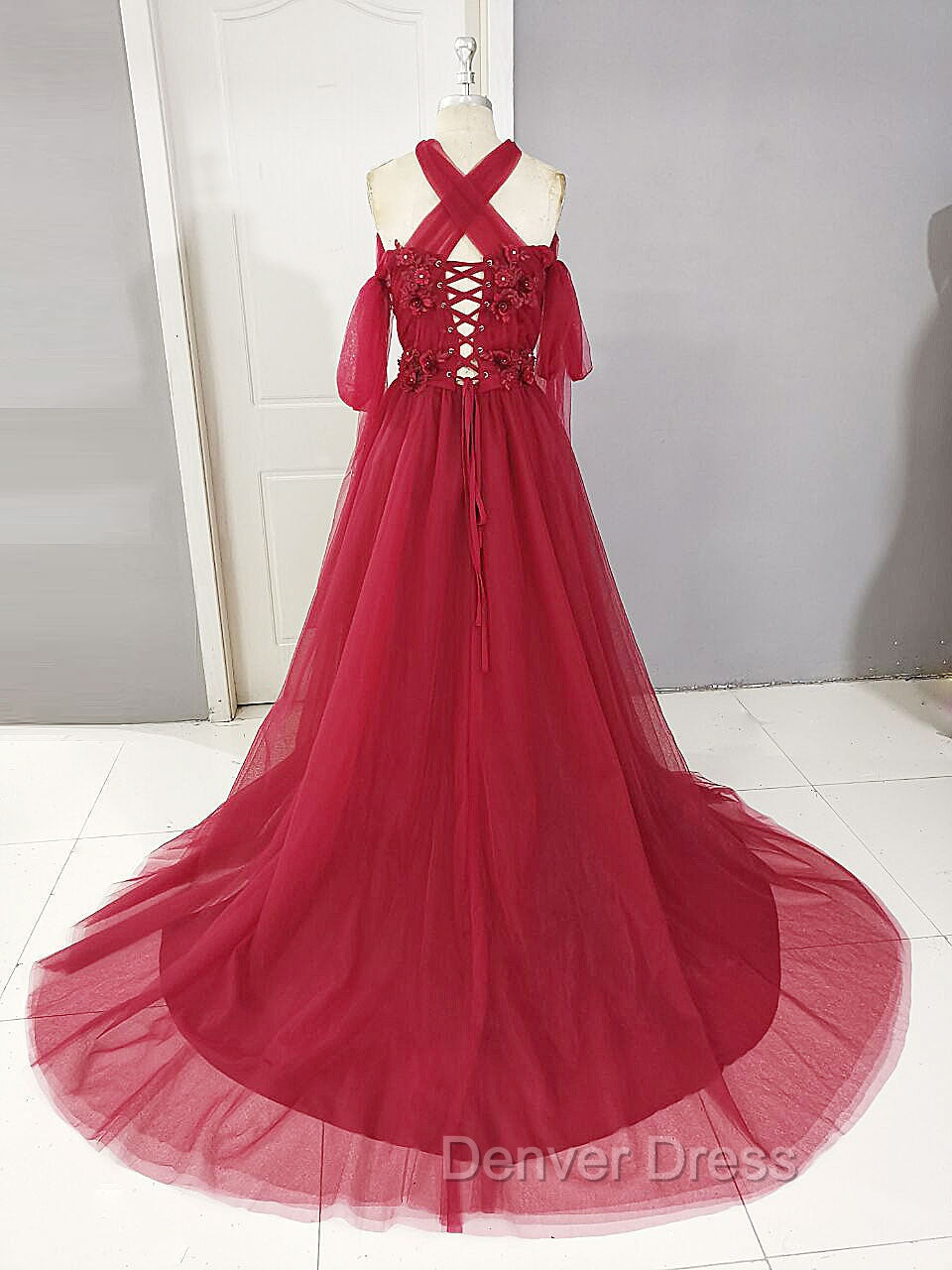 Dark Red Tulle Lace Long Prom Dress, Red Tulle Lace Prom Dresses