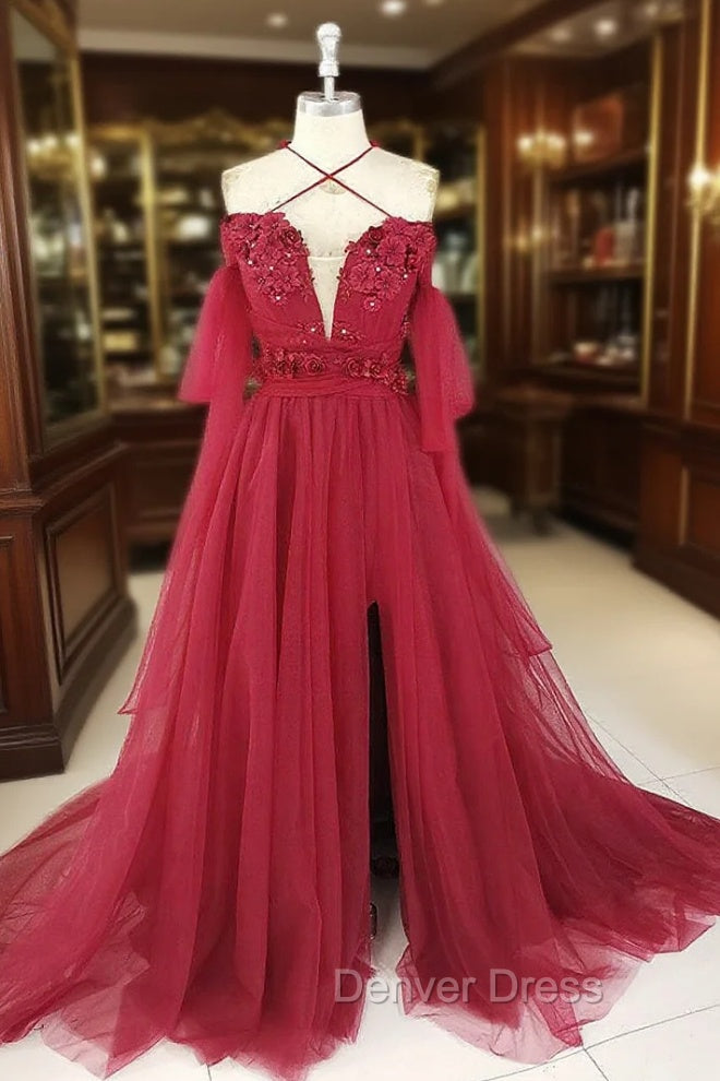 Dark Red Tulle Lace Long Prom Dress, Red Tulle Lace Prom Dresses Main image