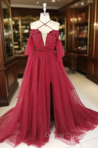 Dark Red Tulle Lace Long Prom Dress, Red Tulle Lace Prom Dresses