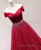 Dark Red Tulle Off Shoulder Long Prom Dresses, Beaded Party Dresses