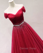 Dark Red Tulle Off Shoulder Long Prom Dress, Beaded Prom Dresses