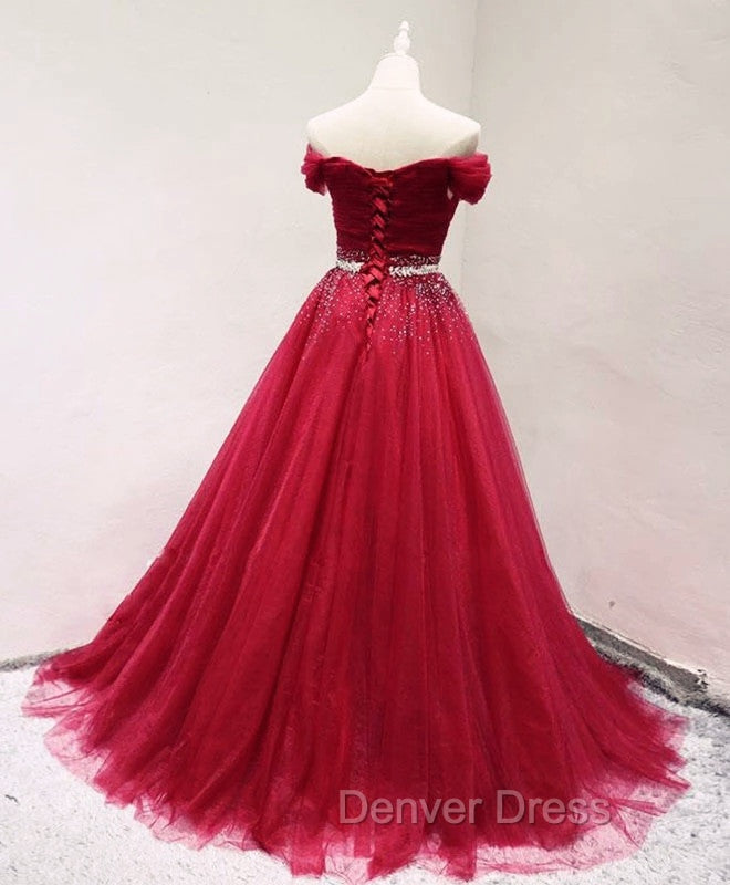 Dark Red Tulle Off Shoulder Long Prom Dresses, Beaded Party Dresses