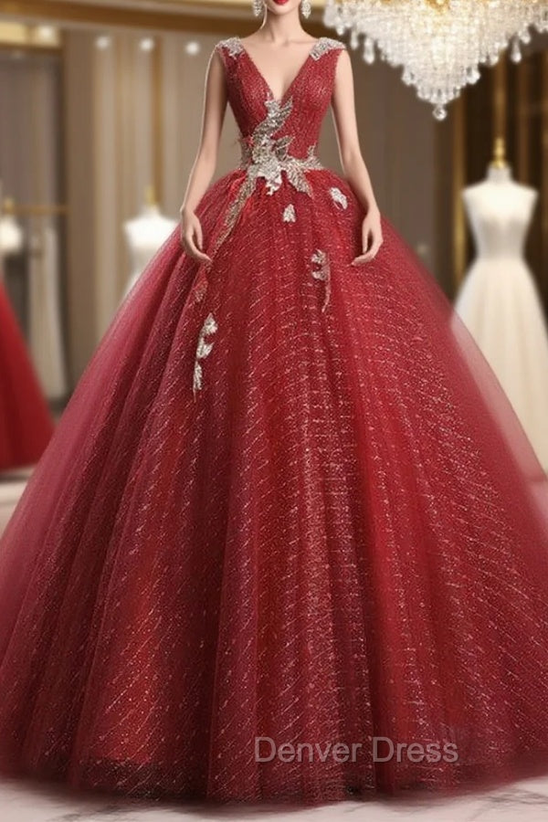 Dark Red Tulle Sequins V Neck Appliques Quinceanera Dresses