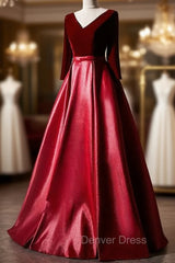 Dark Red Velvet and Satin V-neckline Long Prom Dresses Evening Dresses, Red Bridesmaid Dresses
