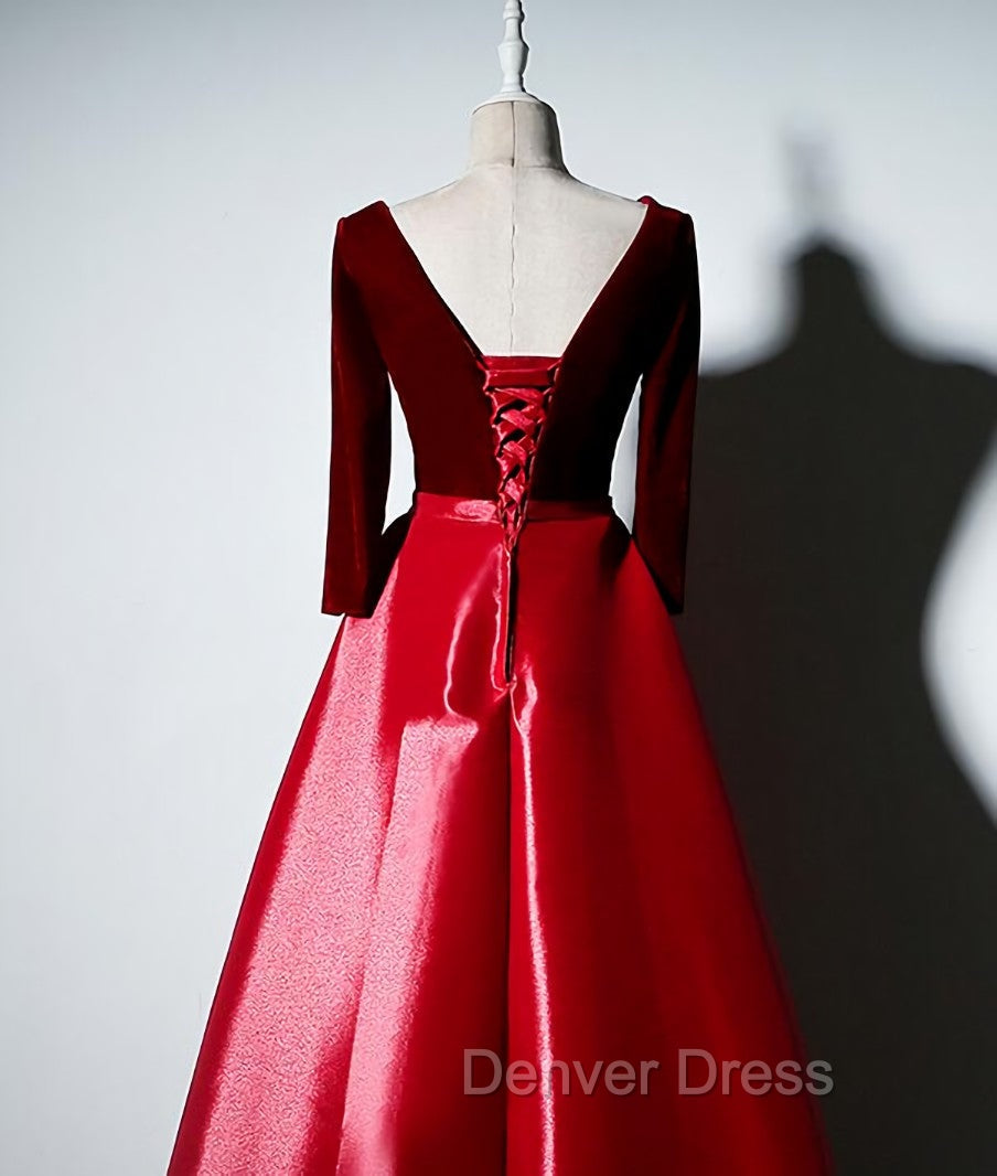 Dark Red Velvet and Satin V Neckline Long Prom Dress Prom Dress, Red Bridesmaid Dresses