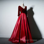 Dark Red Velvet and Satin V Neckline Long Prom Dress Prom Dress, Red Bridesmaid Dresses