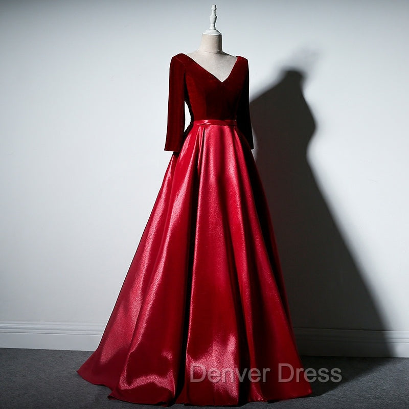 Dark Red Velvet and Satin V Neckline Long Prom Dress Prom Dress, Red Bridesmaid Dresses